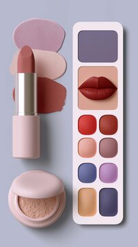 Elegant vertical 4:5 3D UI/UX mobile application template for seasonal beauty analysis, showcasing soft summer dusty rose lipstick and mauve matte eyeshadow swatches next to a stylized 3D powder compa