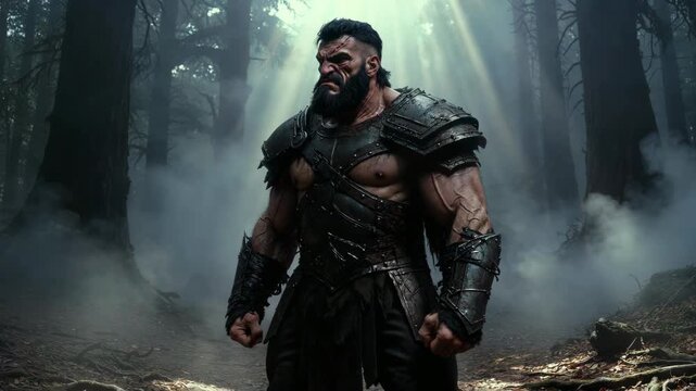 Muscular armored warrior standing in a misty forest, gritty style on a dark background, concept of strength and power