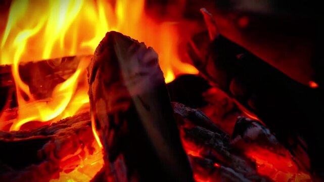 Macro shot of hot glowing embers and charcoal in a night campfire, seamless loop with real crackling fire sound, close up detailed view of burning wood logs for relaxing ASMR ambient