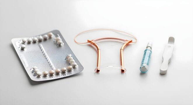 Various modern contraceptive methods (IUD, pill pack, implant) arranged clinically on white.
