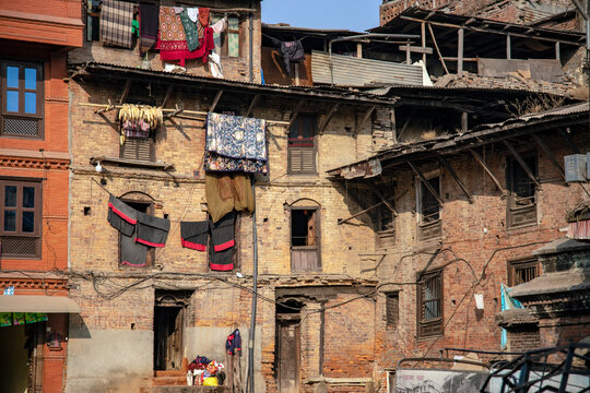 Traditional Newar Brick Houses and Hanging Laundry in Bhaktapur Nepal