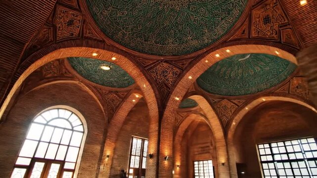 Interior of historic Blue Mosque with ornate tiled domes