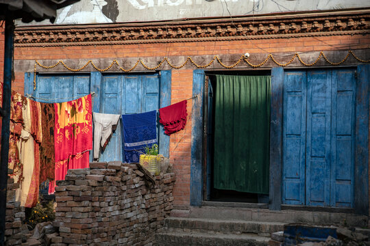 Traditional Newar Brick House and Laundry in Bhaktapur Nepal