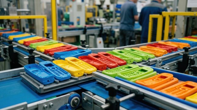 Injection molded colored plastic housings for cordless phones arranged in a production line emphasizing vibrant hues and uniform shapes before final trimming.