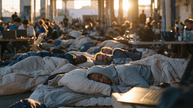 Open-source science hackathon participants rest on air mattresses in a warehouse makerspace while laptops process genome data during an overnight biology research sprint.