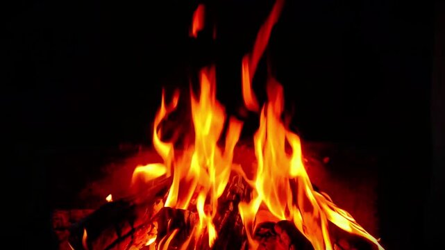Relaxing campfire seamless loop with realistic crackling fire audio and evening birds singing, hot glowing embers on charcoal close up, therapeutic ASMR ambient for screen background