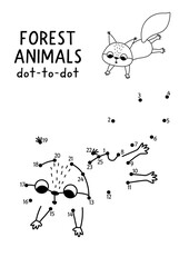 Obraz premium Vector forest dot-to-dot and color activity with cute jumping squirrel. Black and white connect the dots game for children with funny woodland animal. Line printable worksheet