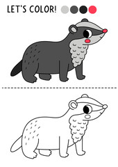 Obraz premium Forest coloring page for children with badger. Vector wild nature character outline illustration. Color book with colored example. Drawing skills printable worksheet with woodland animal