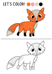Obraz premium Forest coloring page for children with fox. Vector wild nature character outline illustration. Color book with colored example. Drawing skills printable worksheet with woodland animal
