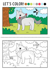 Obraz premium Forest coloring page for children with wolf. Vector outline illustration with wild nature scene. Color book with example. Drawing skills printable worksheet with woodland animal, wildlife landscape