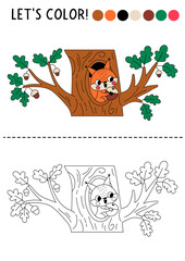 Obraz premium Forest coloring page for children with squirrel in tree hollow. Vector wild nature outline illustration. Color book with colored example. Drawing skills printable worksheet with woodland animal