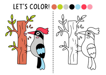 Obraz premium Forest coloring page for children with woodpecker. Vector wild nature character outline illustration. Color book with colored example. Drawing skills printable worksheet with woodland animal