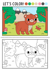 Fototapeta premium Forest coloring page with bear. Vector outline illustration with wild nature scene. Color book with colored example. Drawing printable worksheet with woodland animal, wildlife landscape