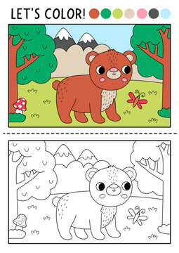 Forest coloring page with bear. Vector outline illustration with wild nature scene. Color book with colored example. Drawing printable worksheet with woodland animal, wildlife landscape