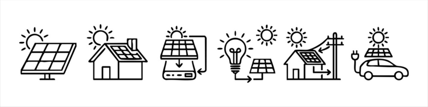 Set of hand-drawn solar energy icons including solar panels, house with rooftop PV, battery storage, electric car charging, and grid connection. Sustainable renewable energy concepts in line art.