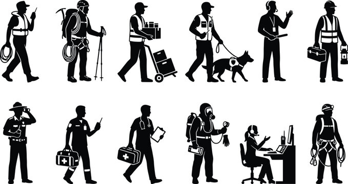 Silhouette emergency rescue professionals with diverse equipment teamwork safety response icons for disaster management illustration