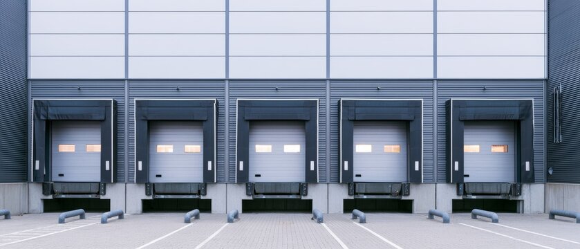 Four loading docks in a modern warehouse seen during the day as doors remain closed and parking spots are empty