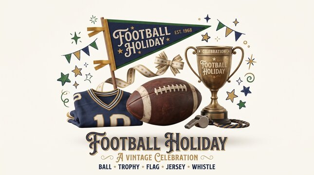 Vintage Football Holiday Celebration with Trophy Jersey Pennant and Ball Est 1968