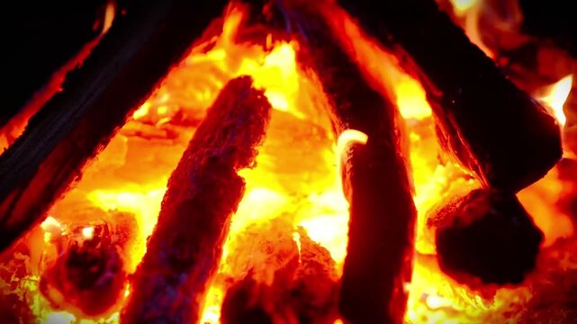 Macro shot of hot glowing embers and charcoal in a campfire, seamless loop video with real crackling fire sound, close up detailed view of bright burning wood logs for relaxing ASMR