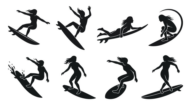 Black silhouette collection of female surfers riding ocean waves in various dynamic and active poses