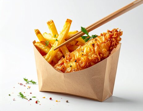 Crispy Fish and Chips: Golden battered fish and hand-cut fries served in a rustic paper container, garnished with fresh herbs and peppercorns, offering a classic take-out treat.