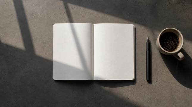 Overhead flat lay shot of a dark concrete study desk with a blank open white notebook, a matte black fountain pen, and a ceramic cup of black coffee.