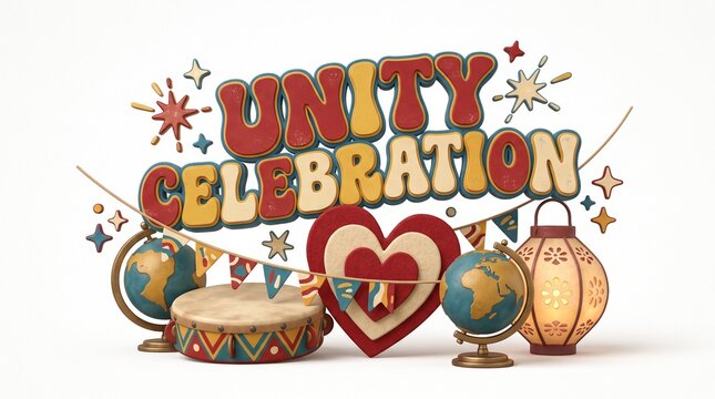 Unity Celebration with Globes Drum Heart and Lantern Festive Global Event Concept