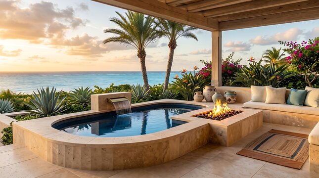Luxury patio with plunge pool fire pit and ocean sunset view