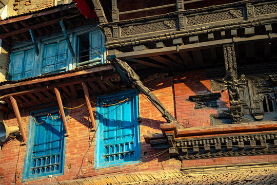 Traditional Newari Architecture with Blue Windows Kathmandu Nepal