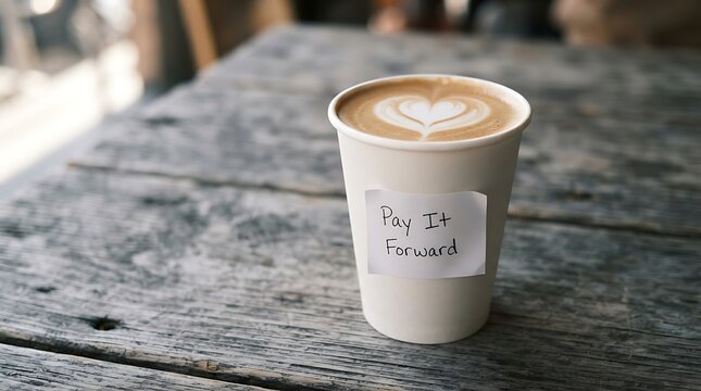 A warm paper cup of latte art coffee with a handwritten pay it forward note on a rustic wooden table