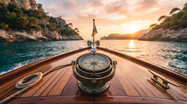 Golden hour view from a classic wooden boat with a nautical compass pointing forward towards a stunning sunset over the mediterranean sea