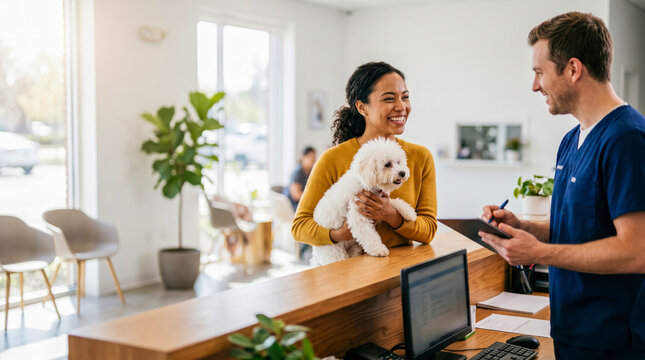 A woman holds a small dog as she talks with a staff member at a vet clinic. Several people can be seen in the background. Bright sunlight enters through large windows