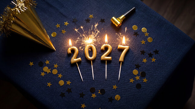 2027 number candles with sparkler and festive confetti on blue table