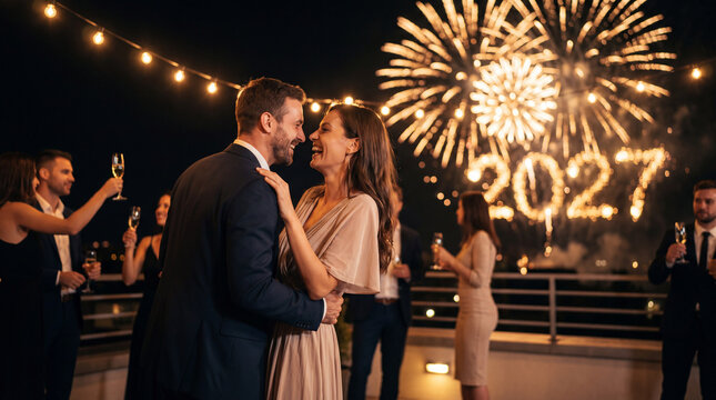Smiling couple celebrating New Year with 2027 fireworks at rooftop party
