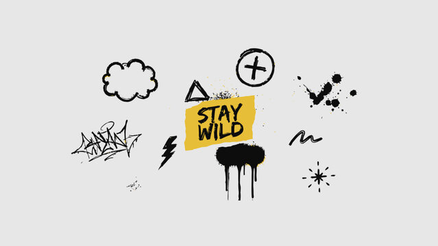 Stay Wild motivational typography poster. Hand drawn graffiti lettering with colorful abstract symbols and street art elements. Vector illustration for apparel, stickers and posters.