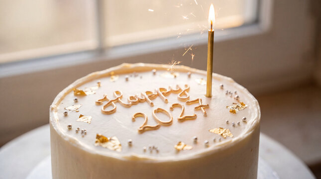 Celebration cake with Happy 2027 icing and sparkling candle by window