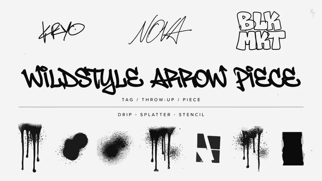 Graffiti arrow collection with wildstyle tags, throw-up lettering and dripping stencil elements. Urban street art vector set for posters, apparel and branding.