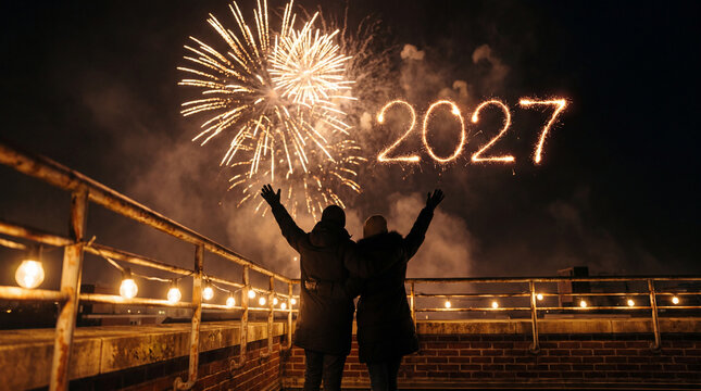 Couple watching 2027 fireworks from rooftop with raised arms at night