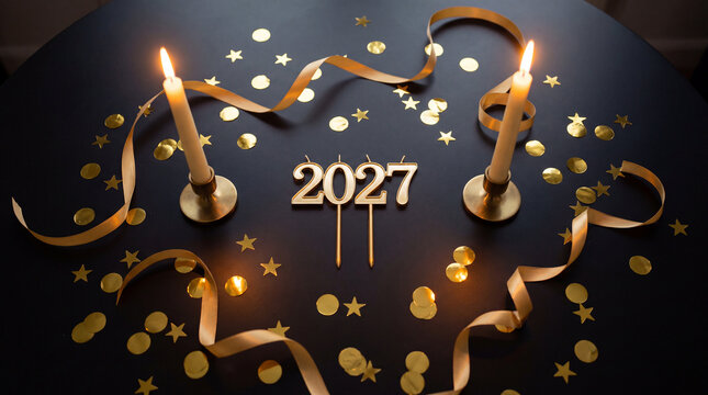 Lit candles framing 2027 decoration with golden confetti on dark table