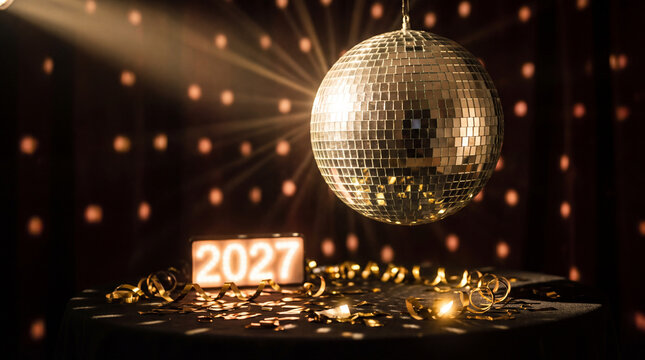 Mirror disco ball above festive table with 2027 display and party decorations