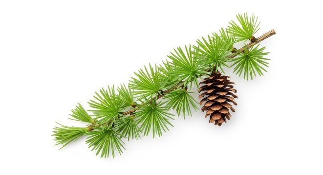 A single branch of a larch tree featuring a small brown cone and soft green needles, perfectly isolated on a clean white background, organic, larix, element