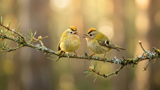 two goldcrest birds singing close up in scottish highlands uk morning light video