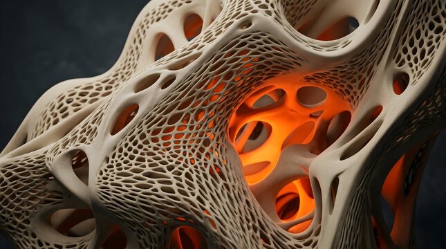 Abstract 3d printed organic lattice structure with glowing orange interior