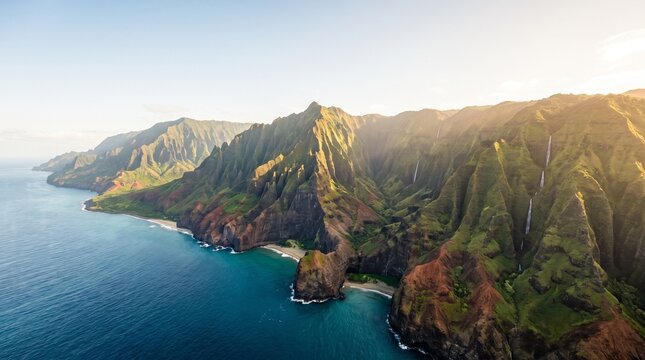 Na Pali Coast Sunrise: An breathtaking aerial view of the Na Pali Coastline in Hawaii at sunrise, with dramatic volcanic cliffs plunging into the turquoise Pacific Ocean.