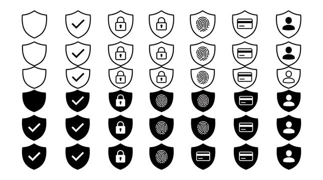 Collection of black security icons including shields checks locks fingerprints and user profiles on a white background