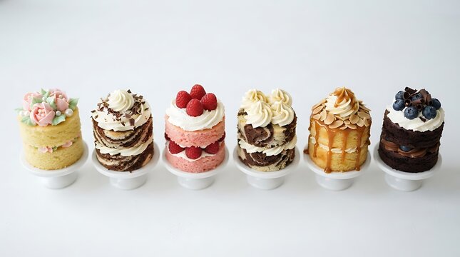 Assortment of beautifully decorated miniature cakes on white plates against a bright white background perfect for celebrations and sweet treats