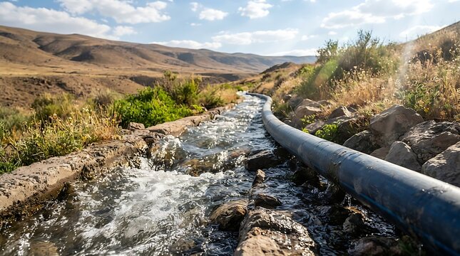 Irrigation canal flowing through a mountainous landscape with a black pipe delivering water to arid terrain under a bright blue sky