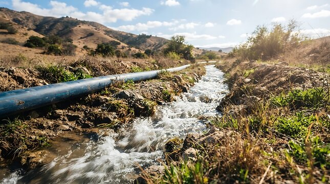 Irrigation canal carrying water through a dry landscape with rolling hills under a bright blue sky and sunlight