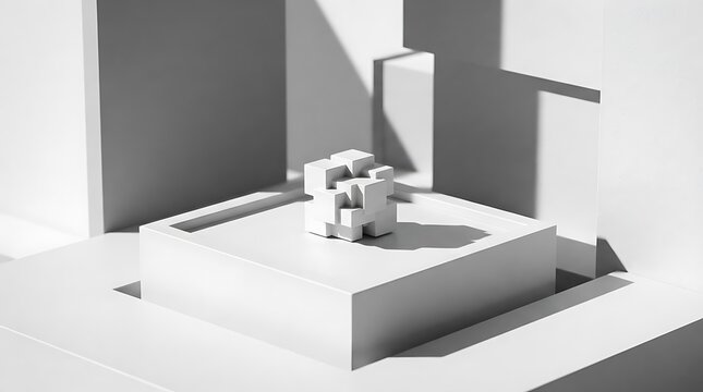 Minimalist geometric composition featuring a small white abstract sculpture on a square base with dramatic shadows and a neutral background