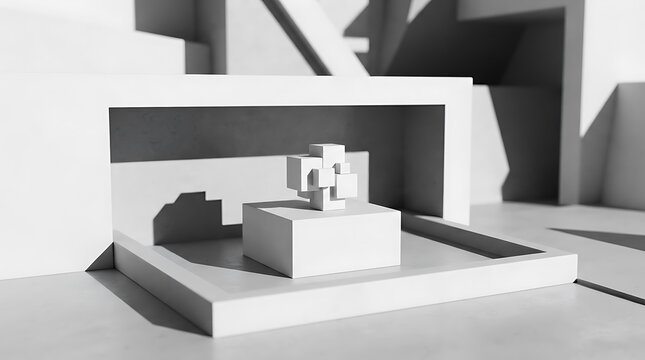 Abstract geometric composition of white cubic structures and platforms creating a miniature architectural model in grayscale